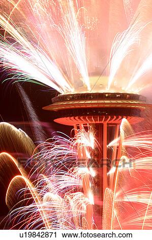 Stock Image - celebration, years, fireworks, seattle, washington, dark. Fotosearch
