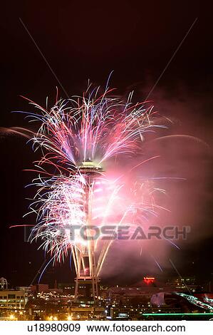 Stock Photo - celebration, years, fireworks, seattle, washington, dark. Fotosearch