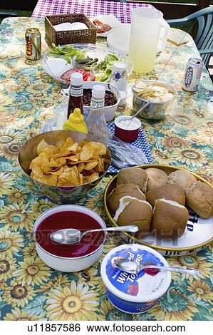 Stock Photograph - clitherall, picnic, table, patio, food, spread. Fotosearch