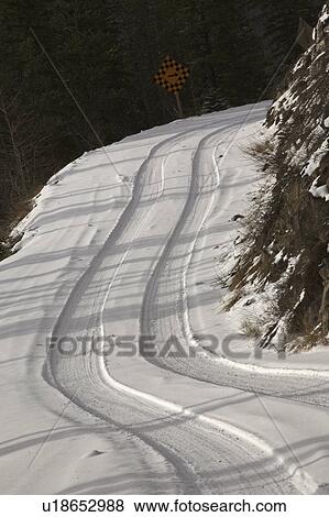 Stock Photo - covered, mountain, snow, road, logging, narrow. Fotosearch