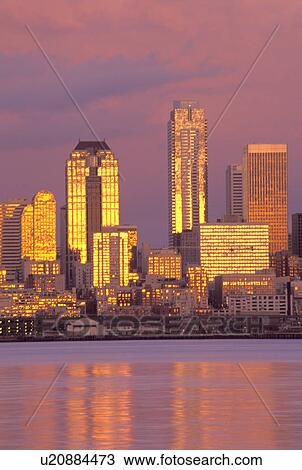 Stock Image - dusk, skyline, washington, sunset, reflected, seattle. Fotosearch