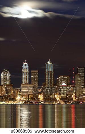 Stock Photography - elliot, skyline, reflecting, moon, full, seattle. Fotosearch