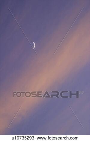 Stock Image - evening, moon, clouds, lavender, whispy, crescent. Fotosearch