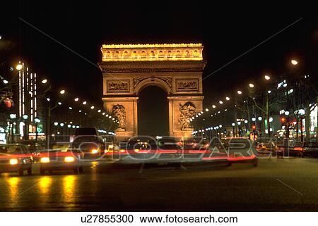 Stock Image - france, view, paris, triomphe, arc, night. Fotosearch