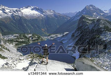 Picture - hidden, released, cascades, lake, mountains, model. Fotosearch