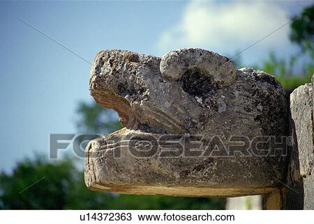 Stock Image - hispanic, serpent, mexico, itza, chichen, head. Fotosearch