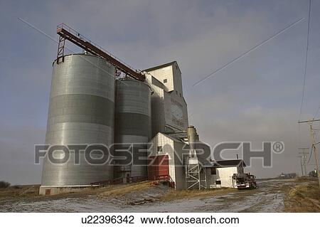 Stock Image - holdfast, elevator, truck, fire, town, grain. Fotosearch