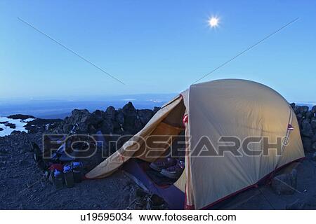 Picture - moon, alpine, full, below, camp, tent. Fotosearch