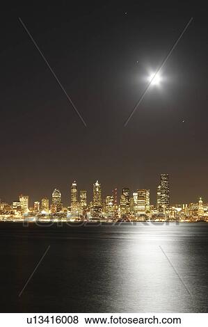 Stock Photo - moon, city, seattle, rising, full. Fotosearch