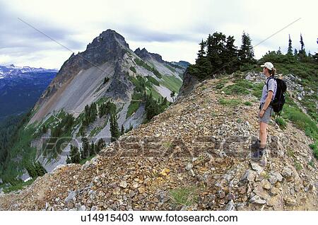 Stock Image - mountains, released, national, female, woman, model. Fotosearch