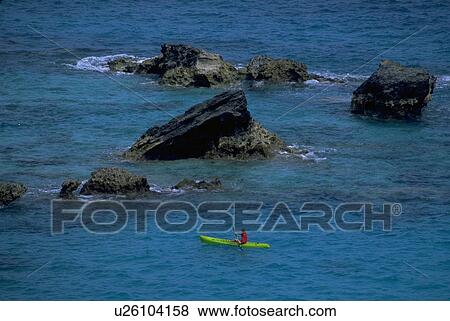 Stock Photo - off, kayak, ocean, rocks, large, small. Fotosearch