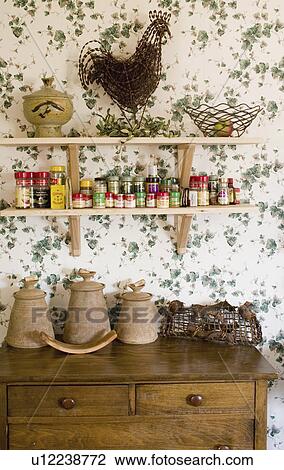Stock Image - pots, kitchen, containing, shelving, cabinet, antique. Fotosearch