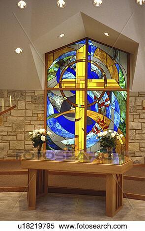 Stock Photography - presbyterian, glass, altar, cross, window, stain. Fotosearch