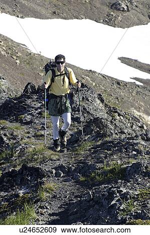 Stock Photo - released, mountain, hiking, male, model. Fotosearch