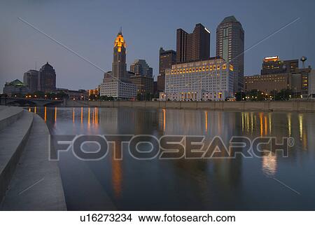 Picture - river, skyline, city, ohio, twilight, columbus. Fotosearch