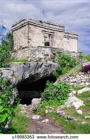 Stock Image - ruins, cave, mayan, building, below, entrance. Fotosearch