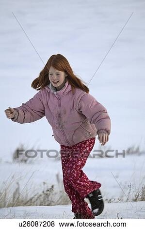 Stock Photo - running, headed, parka, pink, girl, red. Fotosearch