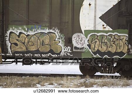 Stock Image - scenic, cp, car, grain, rail, graffiti. Fotosearch