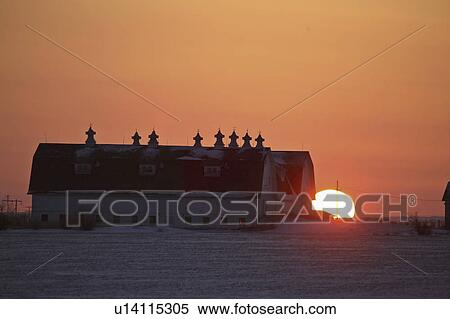 Stock Photography - scenic, setting, barn, large, behind, sun. Fotosearch