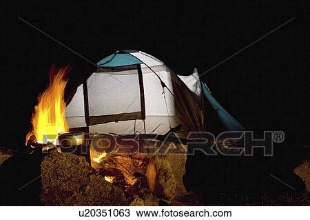 Stock Image - set, camping, lifestyle, environment, ground, tent. Fotosearch