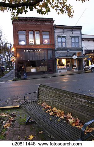 Stock Photo - snohomish, first, morning, early, street, bench. Fotosearch