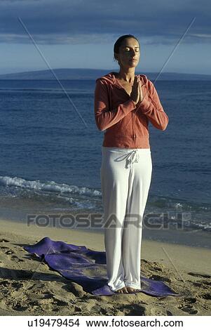 Picture - standing, beach, position, yoga, model. Fotosearch