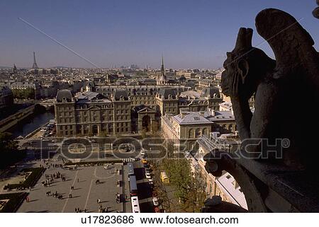 Stock Photograph - view, cathedral, dame, top, gargoyle. Fotosearch
