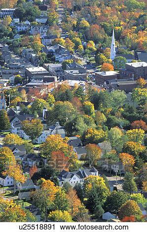Stock Image - view, maine, fall, camden, aerial. Fotosearch