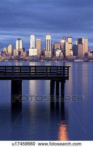 Stock Image - viewed, skyline, bay, elliot, pier, seattle. Fotosearch