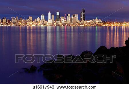 Stock Image - viewed, skyline, bay, elliot, reflecting, seattle. Fotosearch