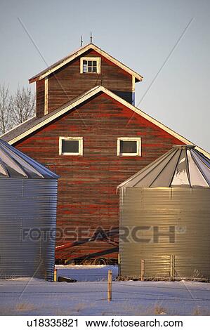 Stock Image - winter, barn, bins, grain, two, red. Fotosearch