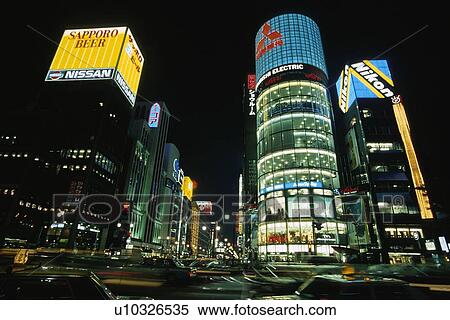 Stock Photography - area, tokyo, night, downtown, japan, ginza. Fotosearch