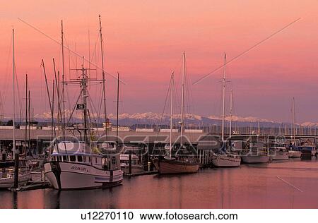 Stock Image - background, coastline, wa, snohomish, sunrise, boat. Fotosearch