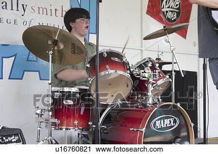 Stock Image - band, grand, fair, street, drummer. Fotosearch