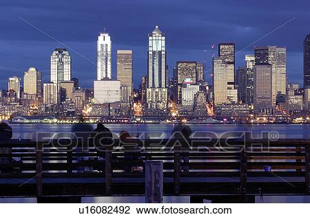 Stock Image - bay, pier, elliot, skyline, seattle, fishermen. Fotosearch