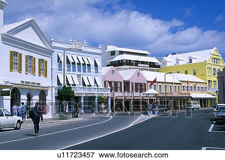 Stock Photo - burghal, front, bermuda, hamilton, street, shopping. Fotosearch