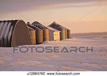 Stock Image - canada, snow, saskatchewan, scenic, drifts, granaries. Fotosearch