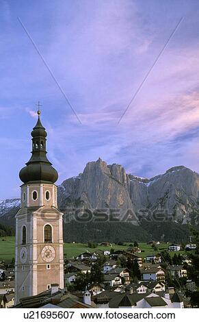 Stock Photo - castelrotto, bell, mountain, schlernsciliar, tower, church. Fotosearch