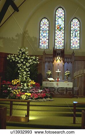 Stock Image - celebrating, lily, alter, church, cross, easter. Fotosearch
