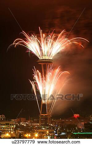 Stock Photo - celebration, years, fireworks, seattle, washington, dark. Fotosearch