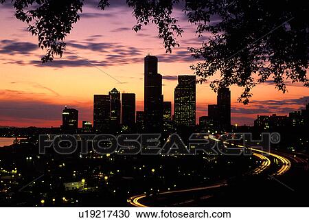 Stock Image - city, skyline, dusk, washington, sunset, seattle. Fotosearch