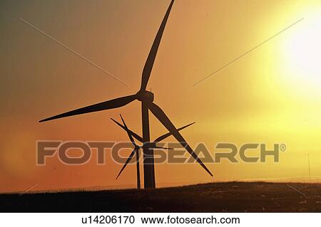 Stock Image - creek, generators, pincher, nw, sunset, windmill. Fotosearch