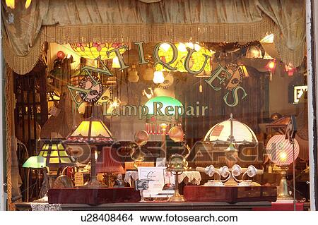 Picture - display, lamp, window, storefront, repair, antique. Fotosearch