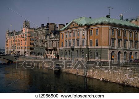 Stock Image - environs, sweden, waterfront, residences, residence, stockholm. Fotosearch