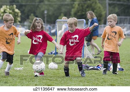 Stock Photo - girls, playing, competitively, age, boys. Fotosearch