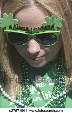 Stock Image - glasses, female, shamrock, green, costume, woman. Fotosearch