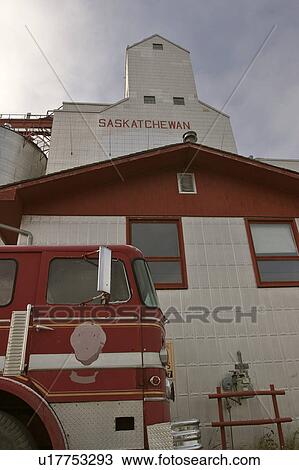 Stock Image - holdfast, elevator, truck, fire, town, grain. Fotosearch