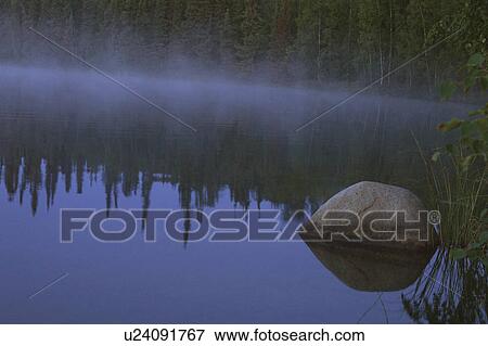 Stock Photo - landscape, sunrise, saskatchewan, trees, night, lake. Fotosearch