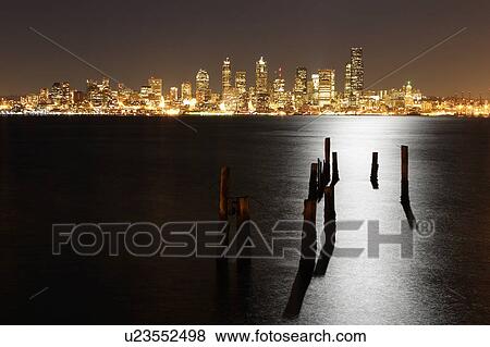 Stock Photo - light, city, pilings, night, skyline, seattle. Fotosearch