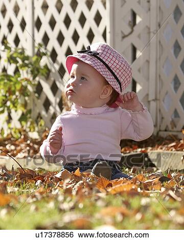 Stock Photograph - moose, girl, leaves, fallen, playing, little. Fotosearch